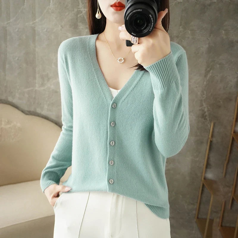 Women's V-Neck Knitted Cardigan - Loose Fit Button-Up Sweater