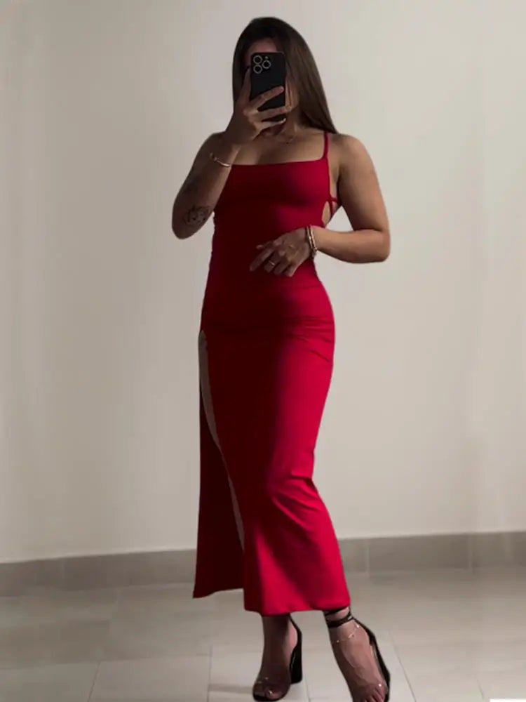 Slash Neck Spaghetti Strap Bodycon Maxi Dress