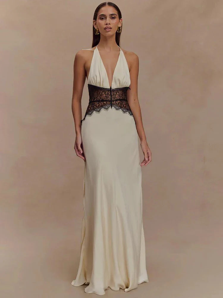 Backless Lace Halter Deep V Neck Maxi Dress | Women's Elegant Evening Gown