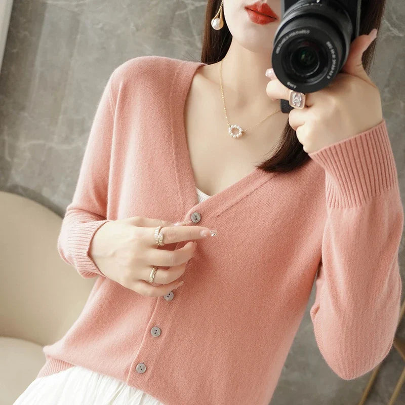 Women's V-Neck Knitted Cardigan - Loose Fit Button-Up Sweater