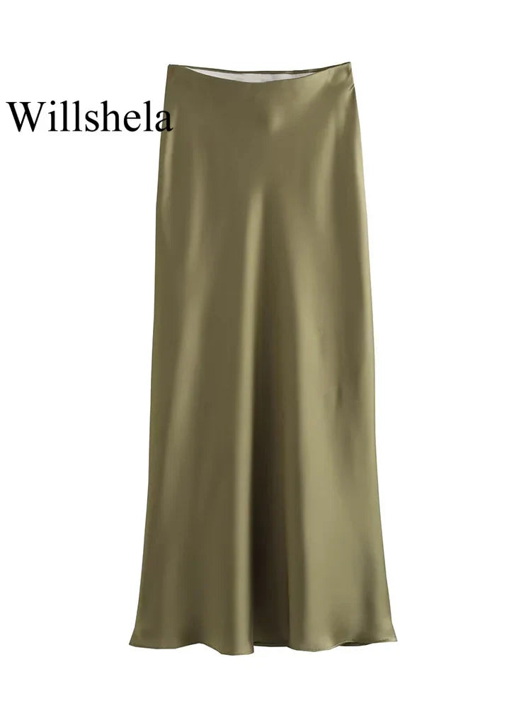 Willshela 2024 Black Satin Skirt Woman High Waist Elegant Long Skirts For Women Fashion Summer Midi Skirt Office Women's Skirts