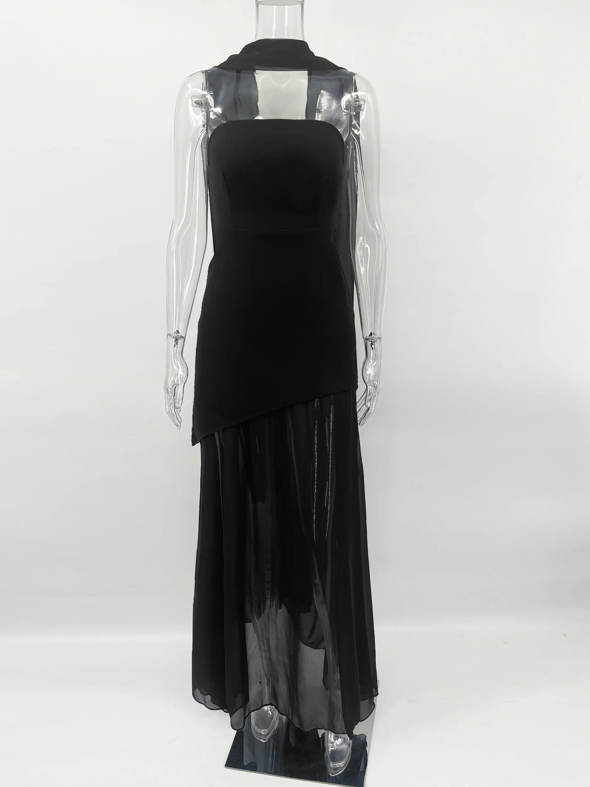 Strapless Mesh Maxi Dress Sleeveless Ribbon Patchwork Beach Vacation