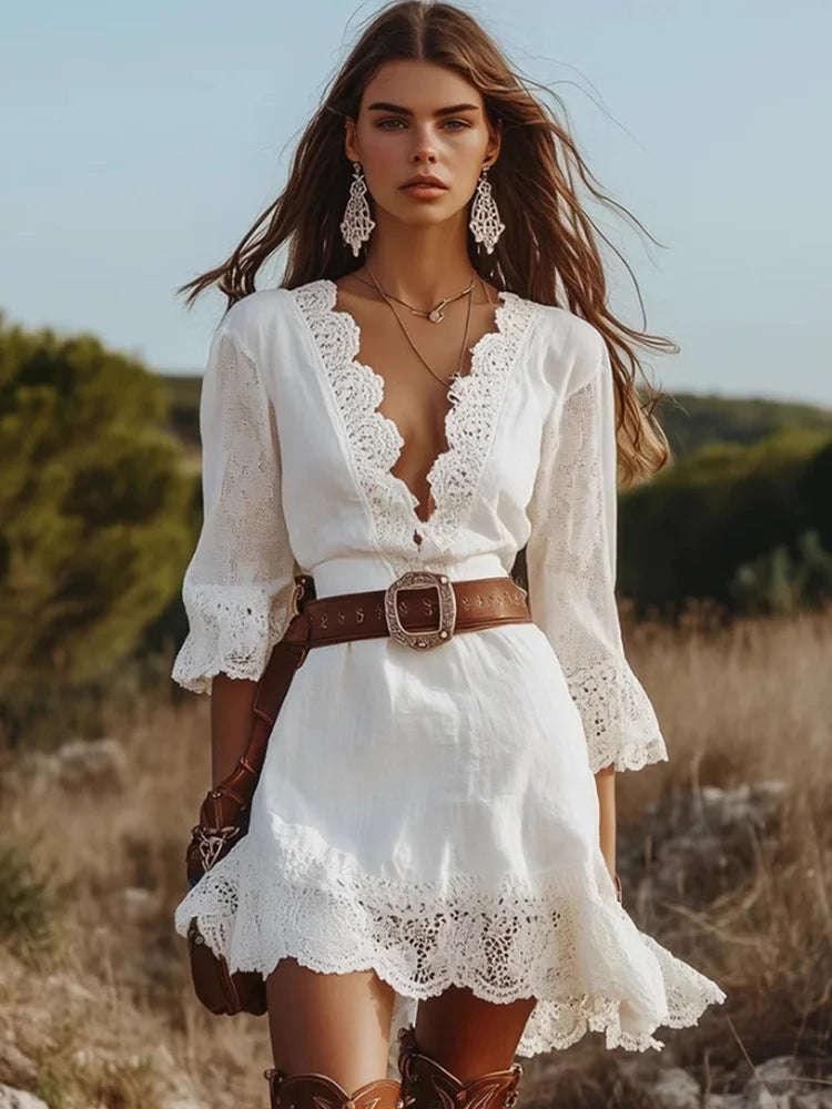 Women's Boho Lace V-Neck Mini Dress