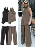 Backless Halter Top & Wide-Leg Pants Set