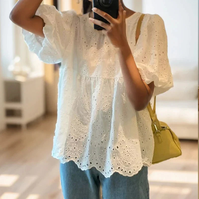 French Style Embroidered Lace Blouse Women White Short Puff Sleeve Round Collar