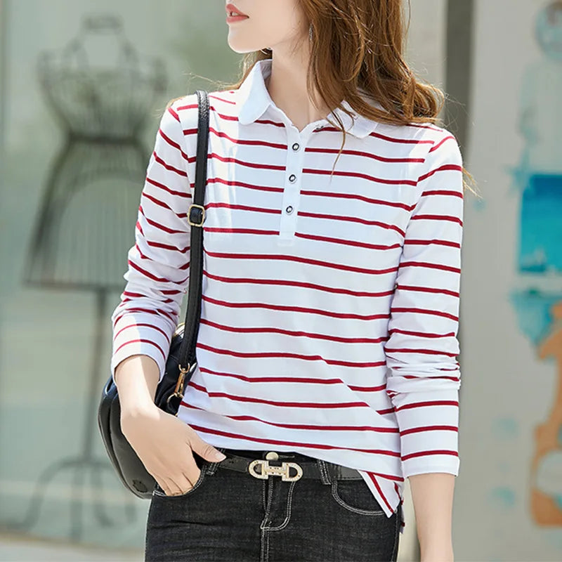 Women's Striped Polo Shirt - Long Sleeve Turn-Down Collar Top