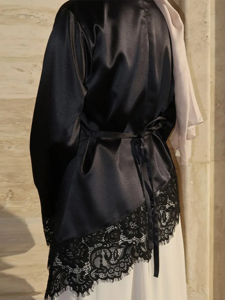 Women's O-Neck Lantern Sleeve Satin Lace Patchwork Loose Blouse