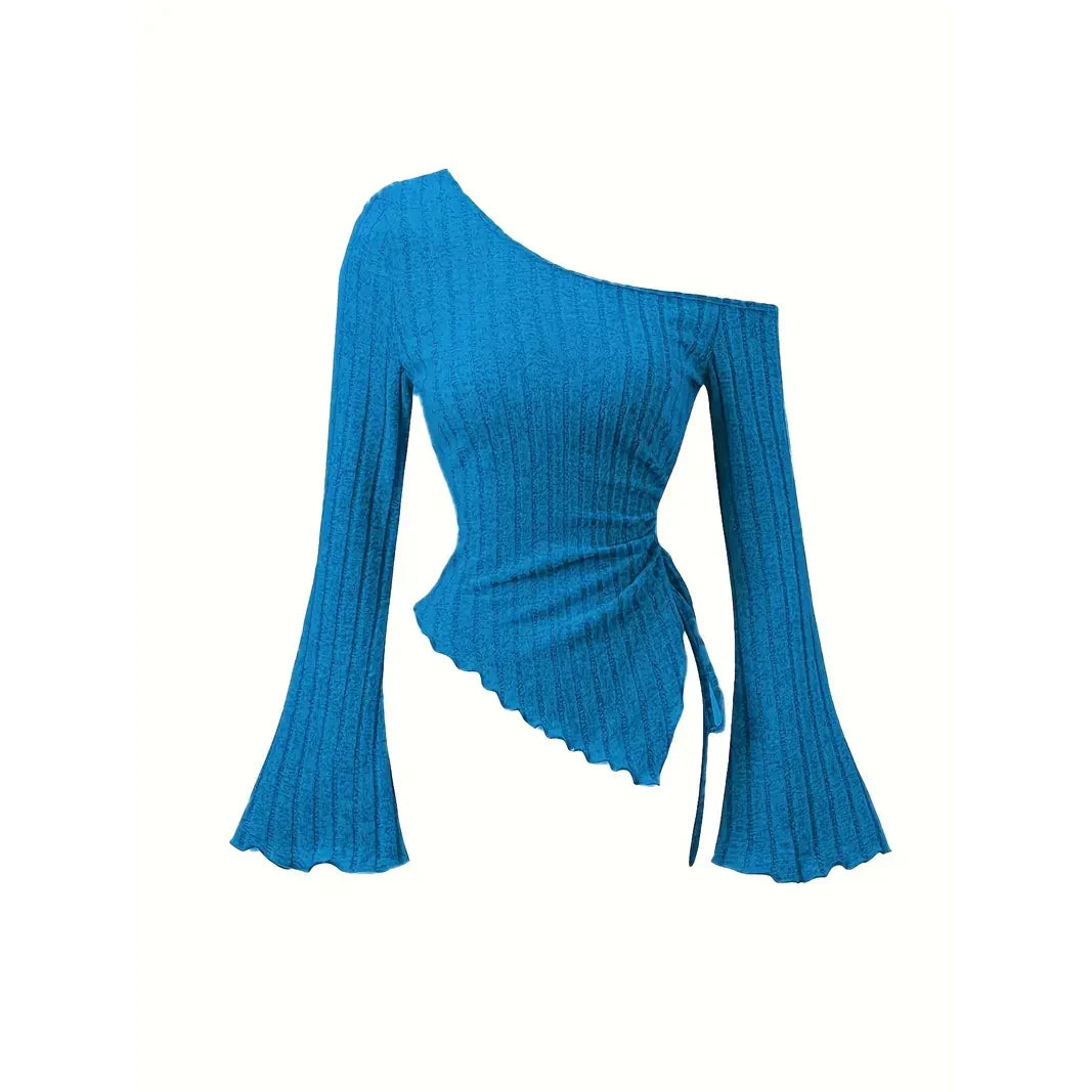 Off-Shoulder Trumpet Sleeve Top | Women's Slim Fit Asymmetric Elegant Tee