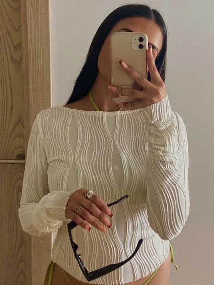 Long Sleeve O-Neck Ruched Skinny Slim Fit Crop Tee Y2K