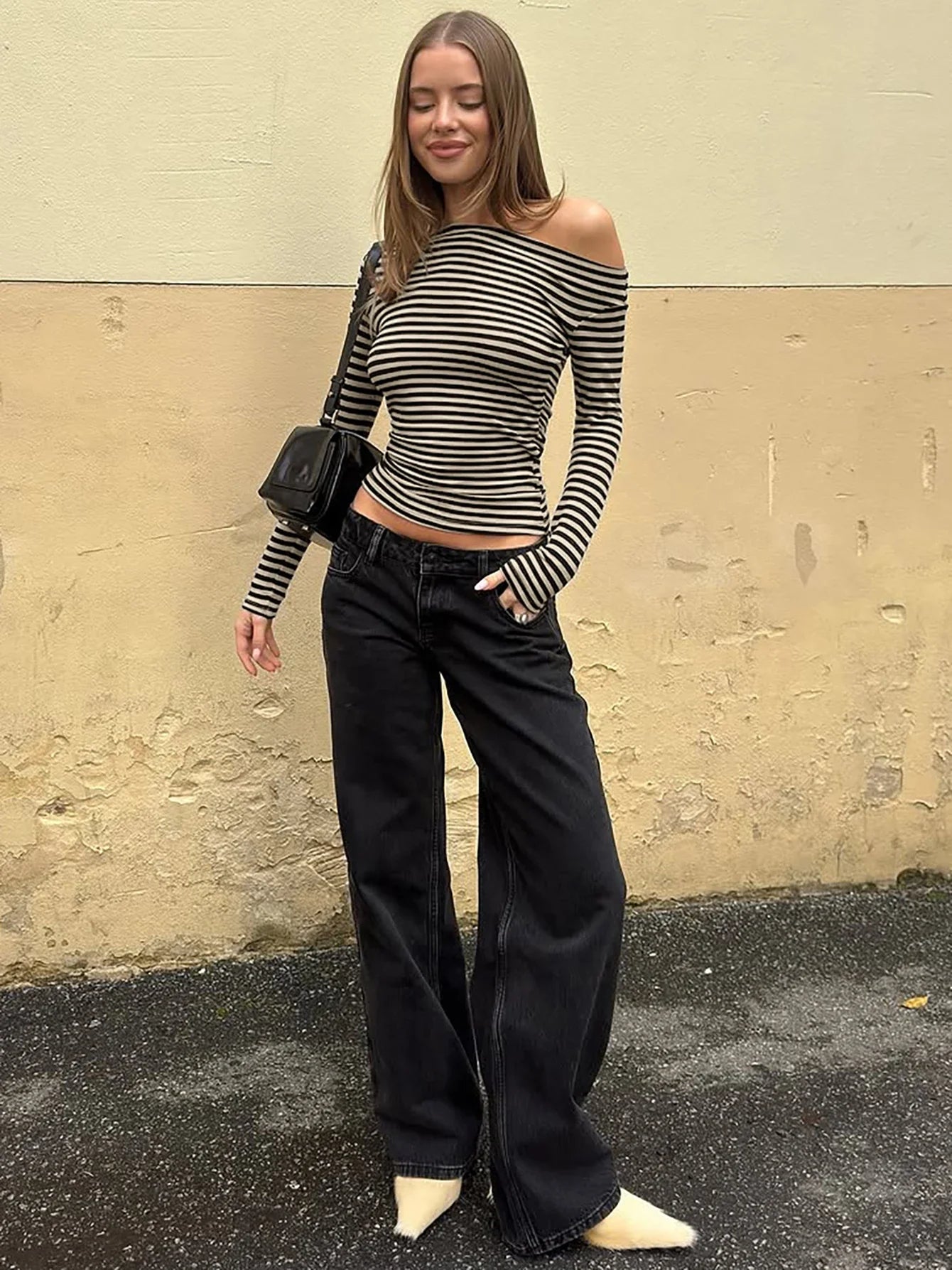 Striped Off Shoulder T-Shirt Women Long Sleeve Slim Fit Top