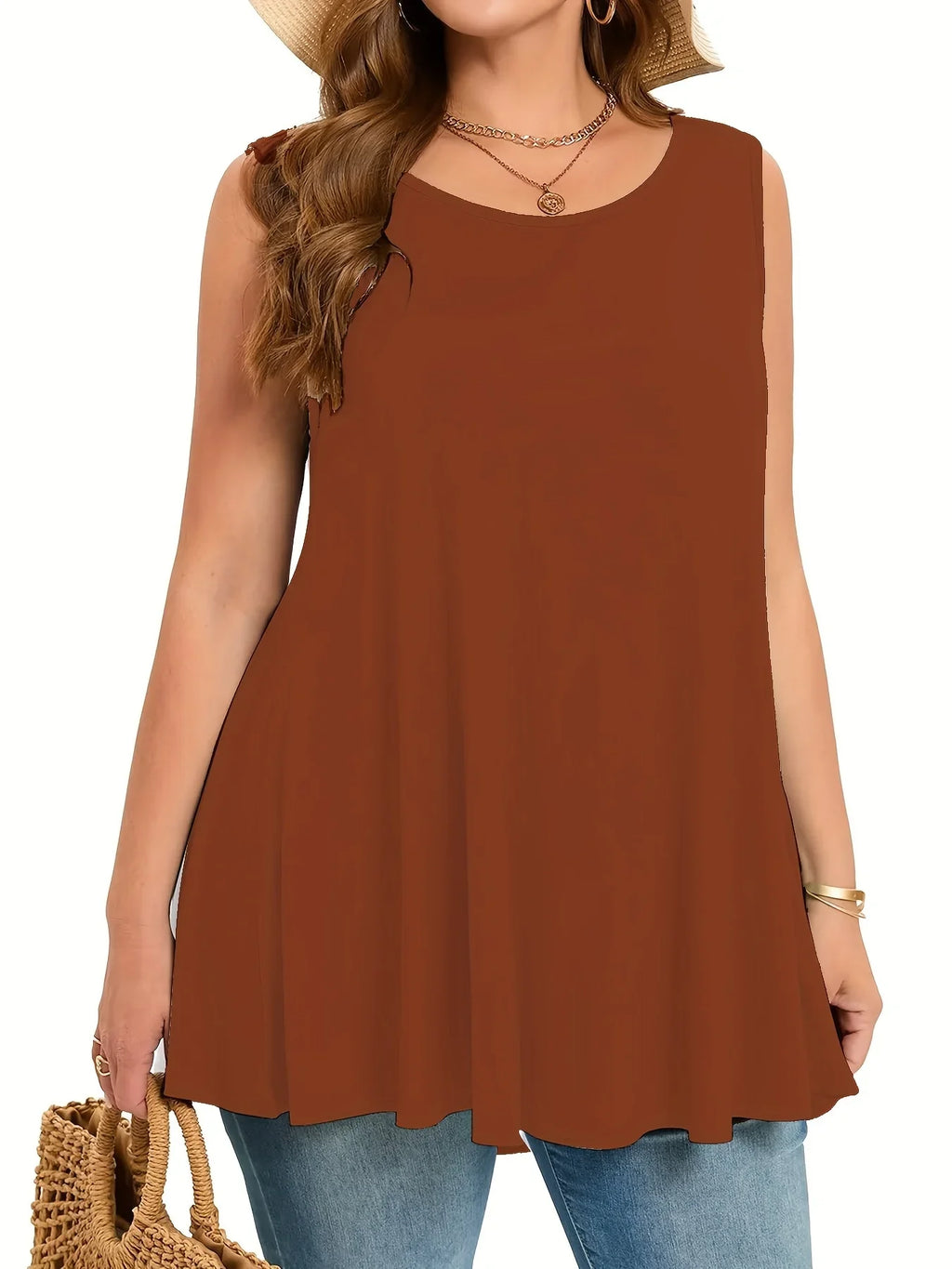 Plus Size Solid Tank Top Women Casual Crew Neck Sleeveless