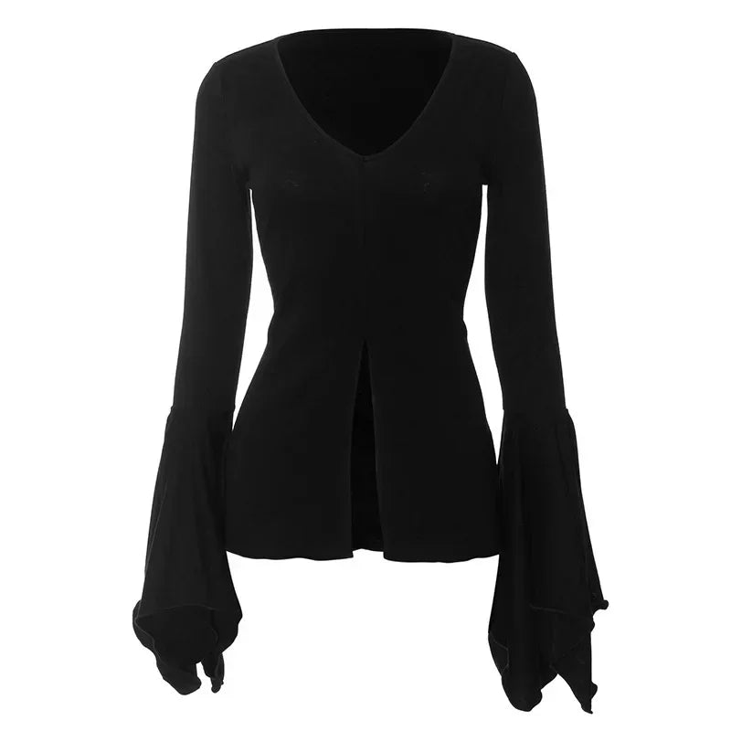 Goth Dark Fairy Grunge Long Flare Sleeve V-Neck Split Lettuce Ruffles Hem Slim Fit Blouse Y2K Alt