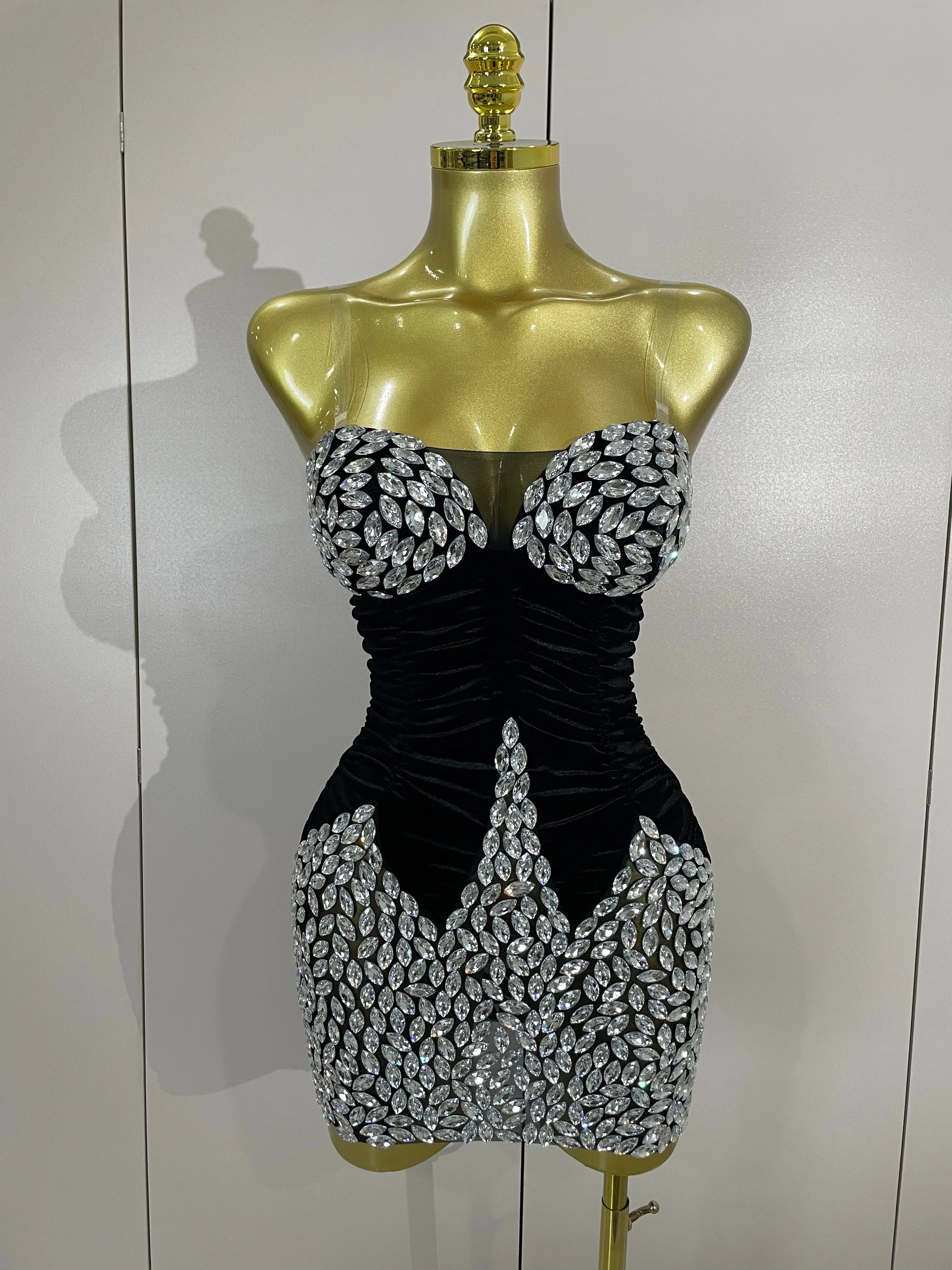 Women's Sparkly Diamond Mesh Velvet Mini Dress