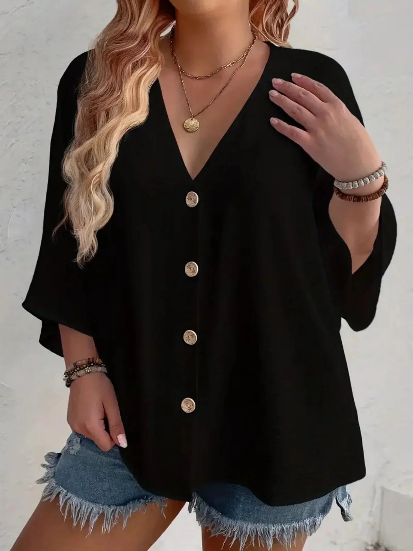 Plus Size Women's V-Neck Long Sleeve Chiffon Blouse