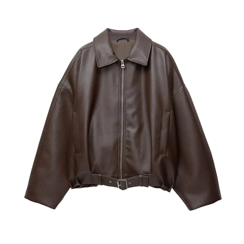 Women's Vintage PU Leather Bomber Jacket with Belt