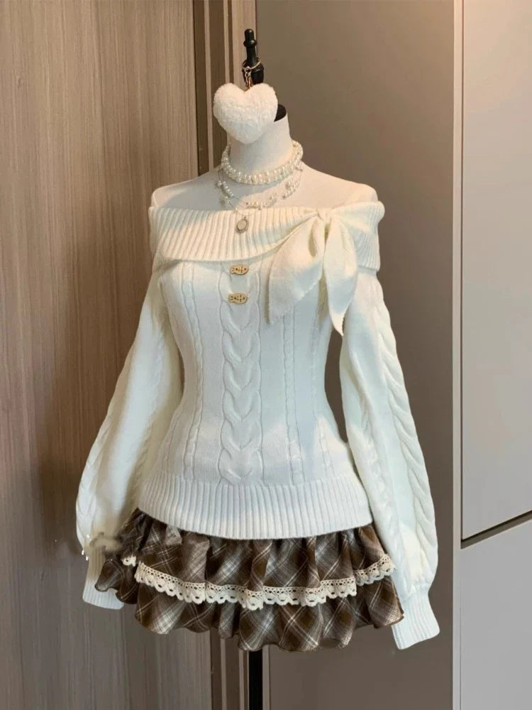 V-Neck Lace Knit Sweater Long Sleeve Loose Fit Pullover with Bow Detail