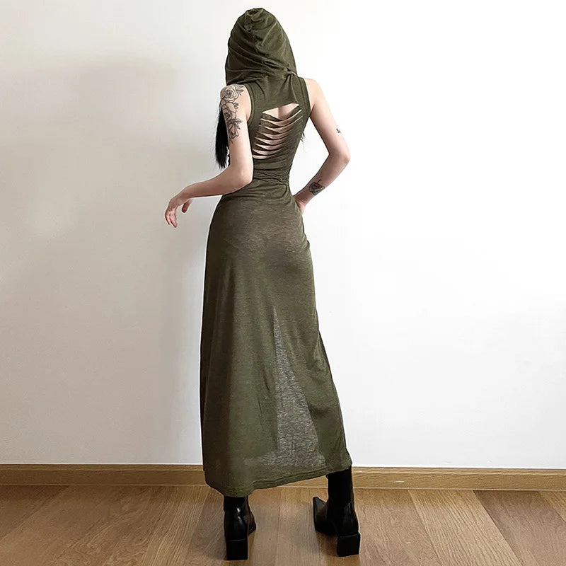 Goth Dark Cyber Gothic Hooded Dress Y2K Punk Grunge Hollow Out Midi Dress Women Split Side Streetwear