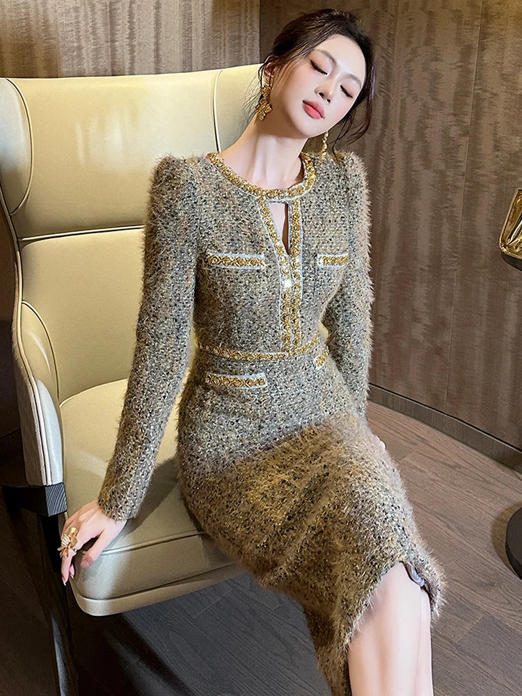 Women's Vintage Tweed Hollow Midi Dress