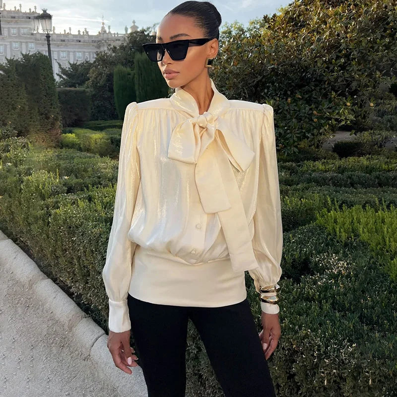 Elegant Satin Lace-Up Blouse