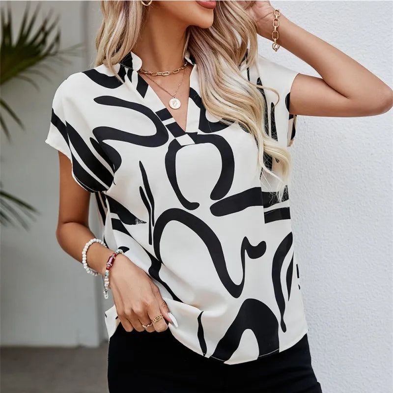 Women's V-Neck Printed Batwing Sleeve Blouse