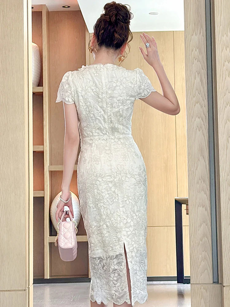 Women's Elegant Floral Embroidery Midi Dress