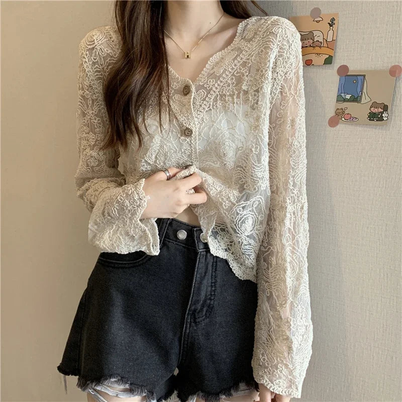 Women's V-Neck Long Sleeve Hollow-Out Lace Loose Blouse