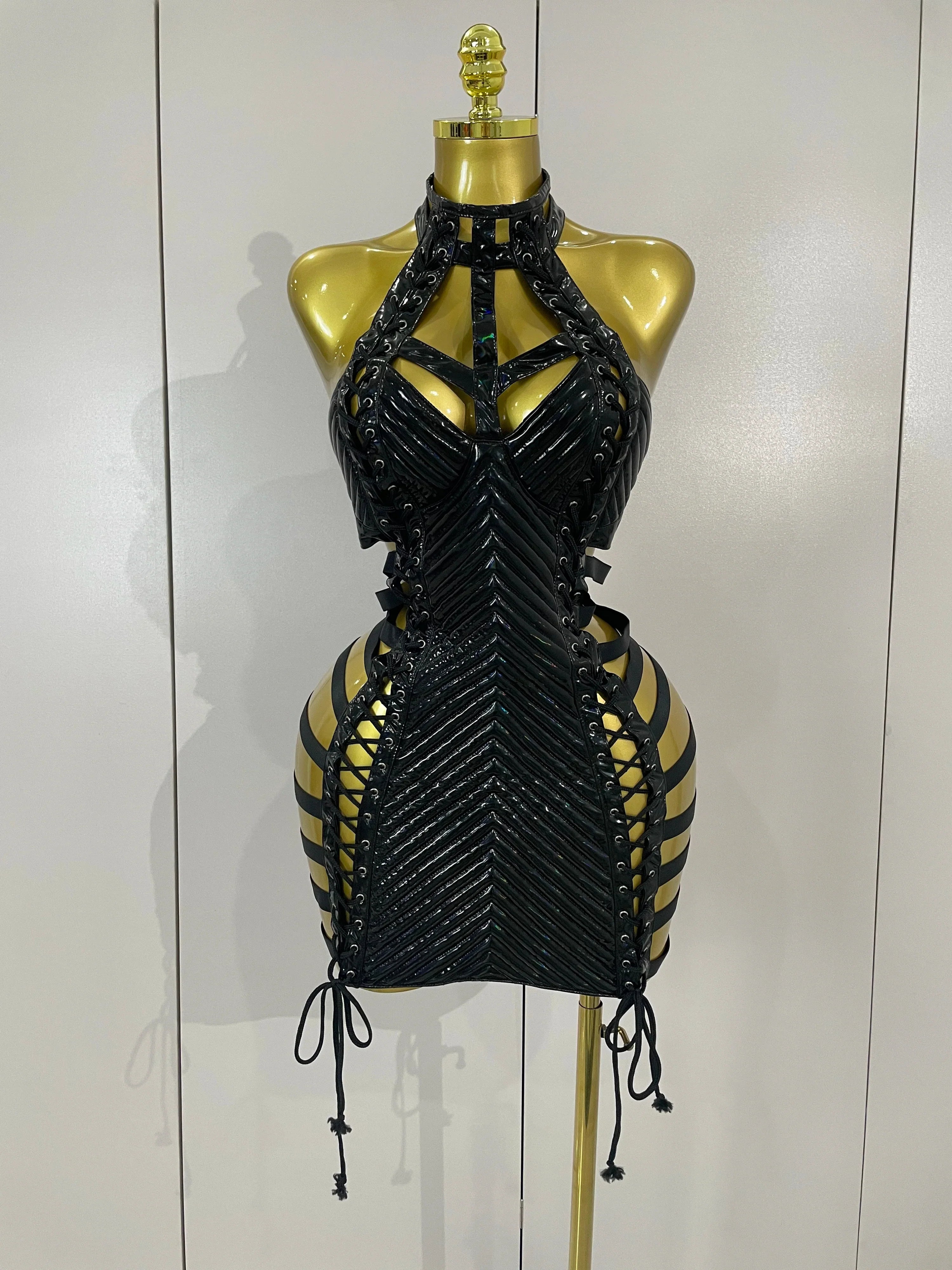 Women's Gothic Leather Bandage Halter Dress