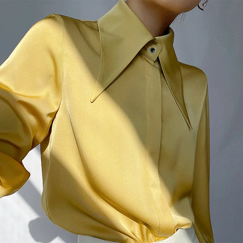Women's Satin Button-Up Blouse - Long Sleeve Turn-Down Collar Shirt