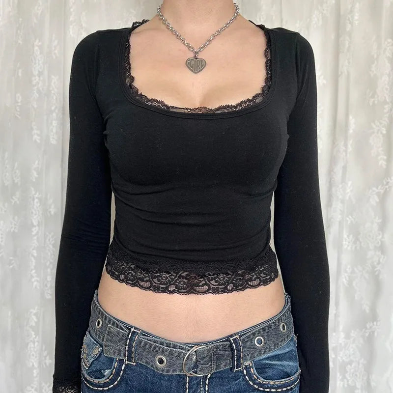 Y2K Fairy Graphic Lace Trim Long Sleeve Tee