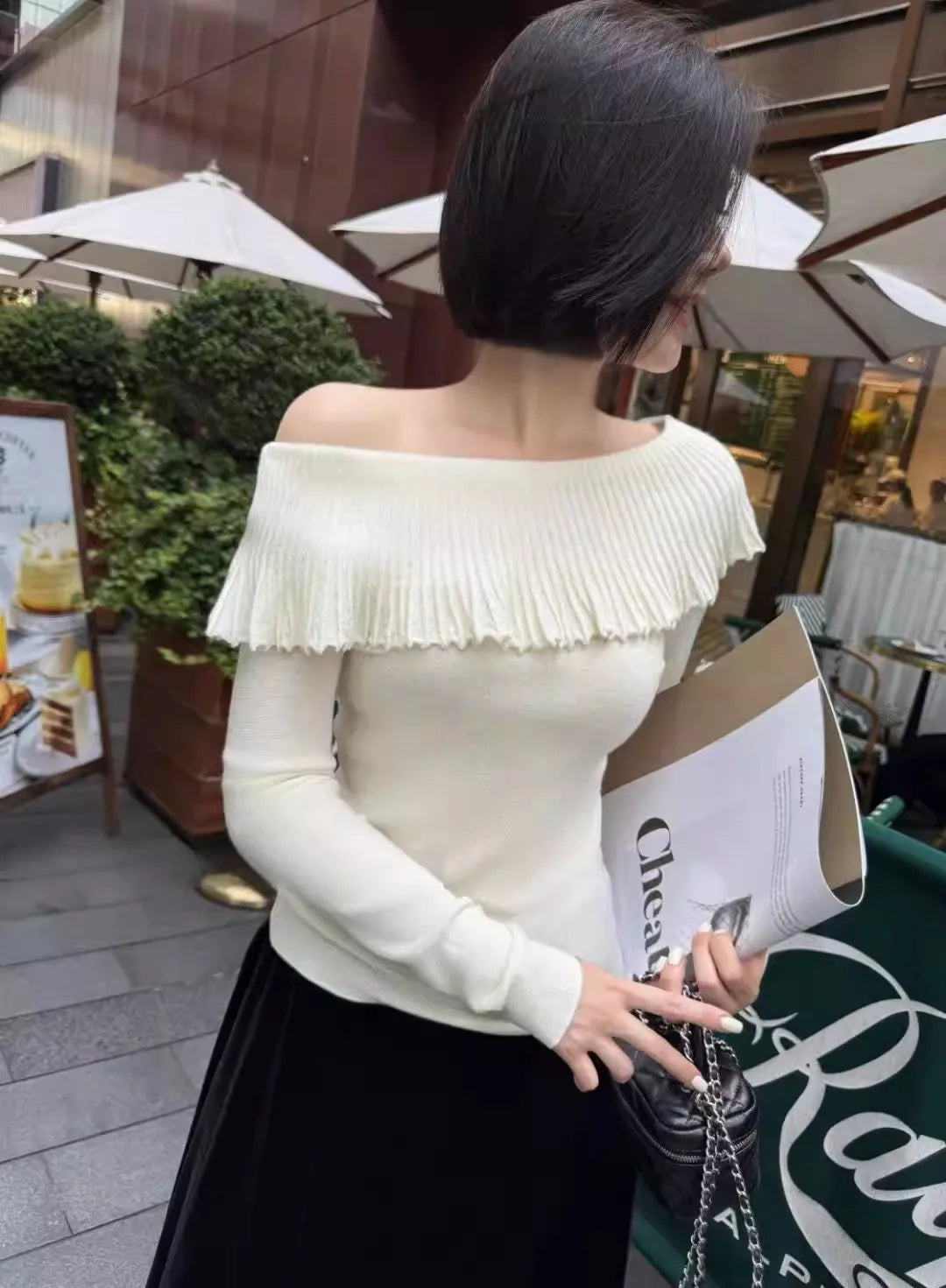 Slash Neck Ruffle Sweater Long Sleeve Regular Fit Pullover