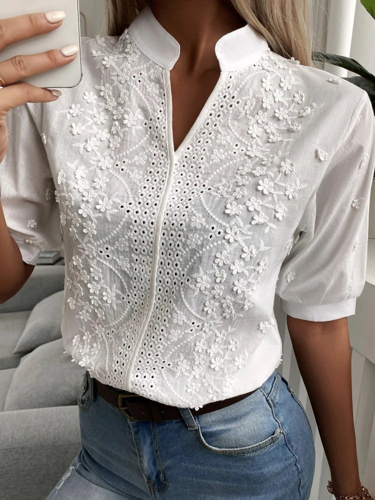 Embroidered Stand Collar Lantern Sleeve Hollow-Out Blouse