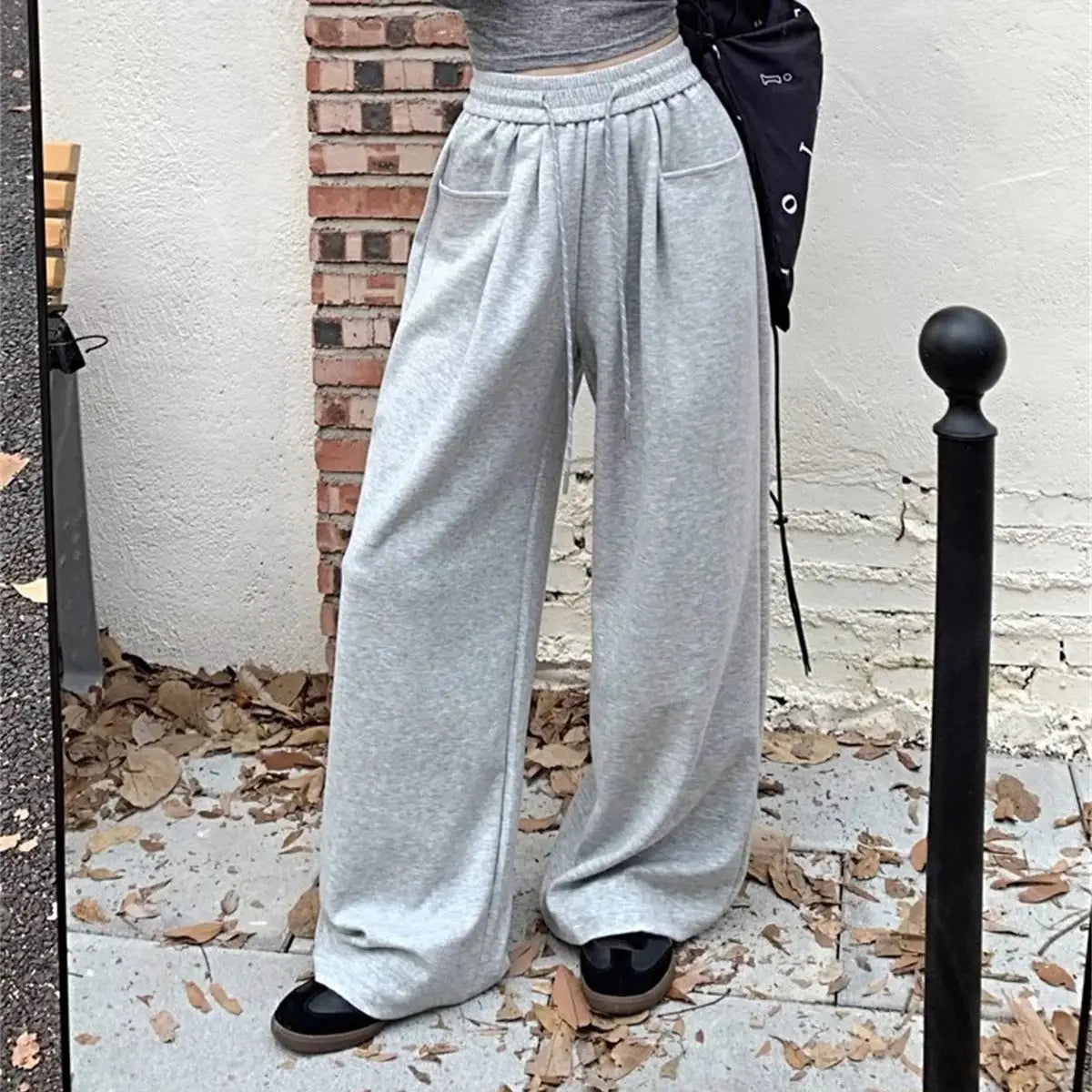 High Waist Straight Wide Leg Pants Loose Fit Pockets Elastic Waist