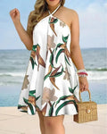 Tropical Print Halter Neck Backless Mini Dress