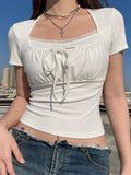 Square Neck Lace Trim Tie-Up Shirred Crop Top