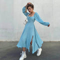 Lace-Up Square Collar Sexy Dress Women Lantern Sleeve Cotton Slit Midi Dress Streetwear
