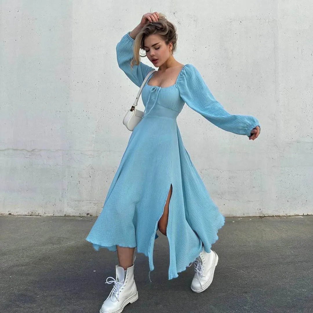 Lace-Up Square Collar Sexy Dress Women Lantern Sleeve Cotton Slit Midi Dress Streetwear