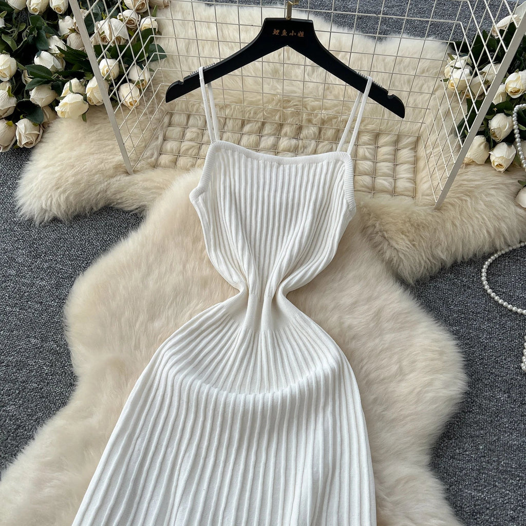 Knitted Pleated Midi Dress High Waist Sleeveless Sling Dress Women Bodycon Streetwear