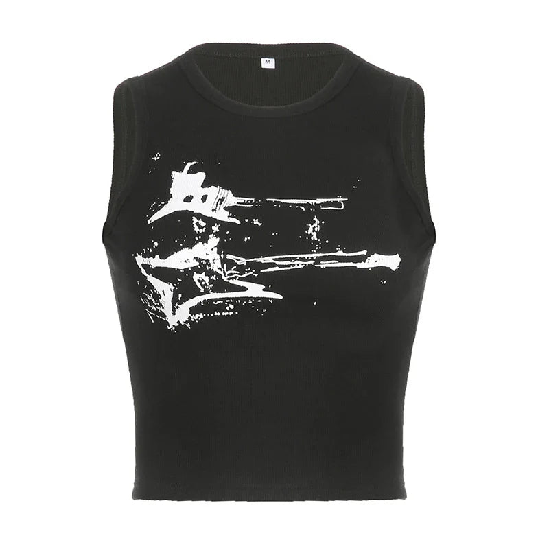 Women's Guitar Print Ribbed Tank Top