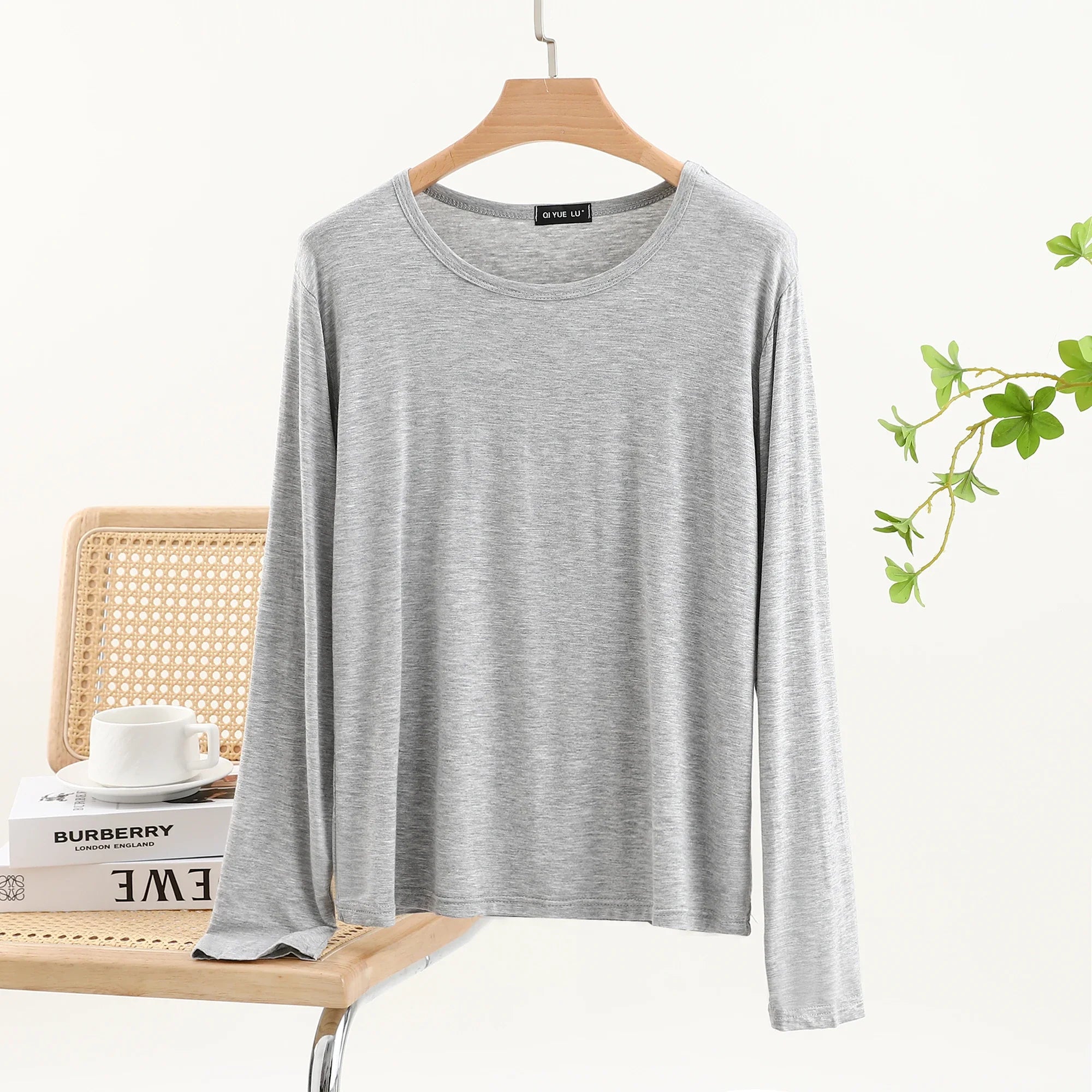 Casual Modal Long Sleeve T-Shirt Women's Spring Thin Round Neck Base Shirt Loose Fit Plus Size Slim Pure Color Top