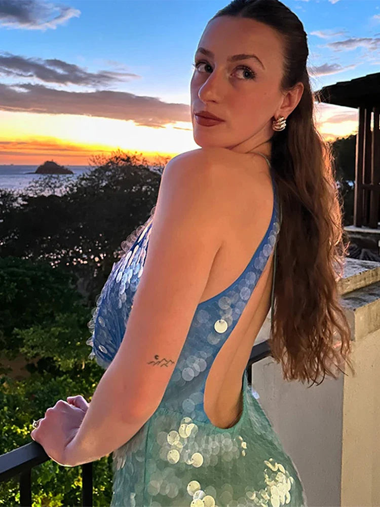 Sexy Sequin Shiny Mini Dress Women Luxury Blue Green Patchwork Halter Evening Party Dress