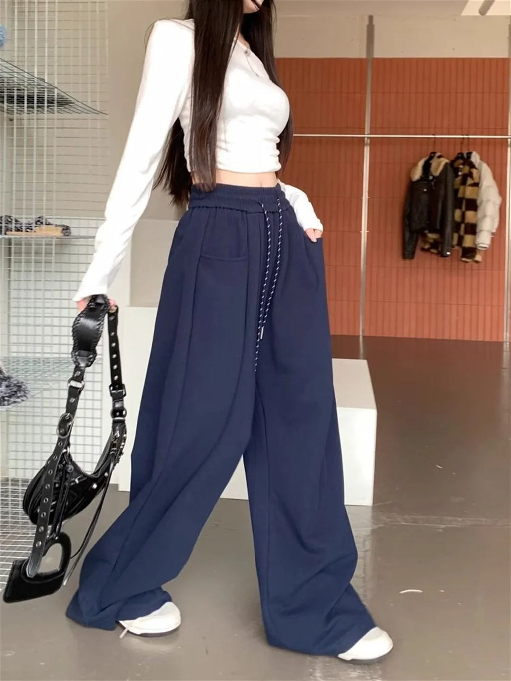 High Waist Straight Wide Leg Pants Loose Fit Pockets Elastic Waist