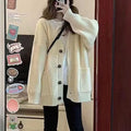 Women's Korean Style V-Neck Cardigan - Loose Fit Knit Sweater