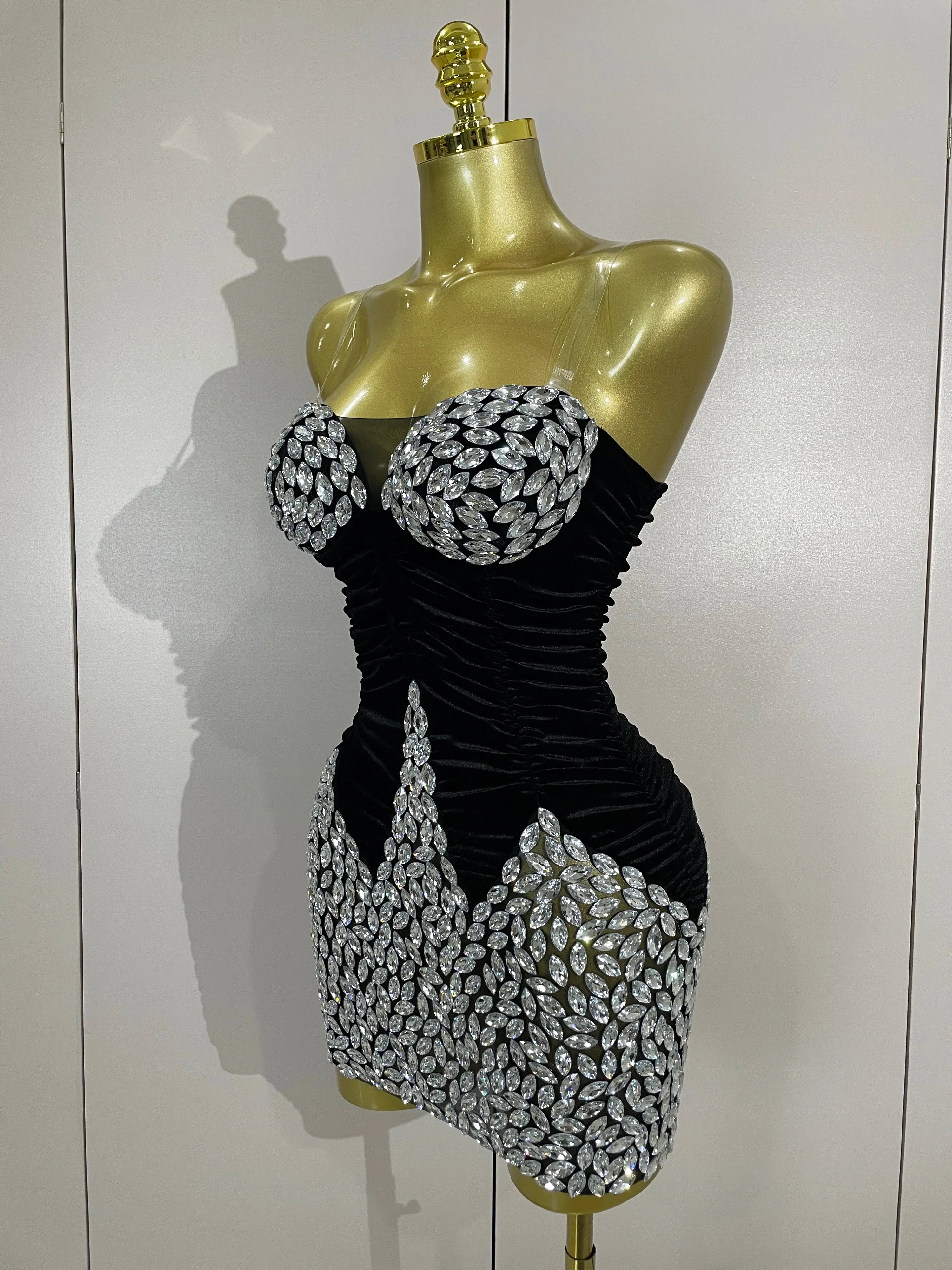 Women's Sparkly Diamond Mesh Velvet Mini Dress