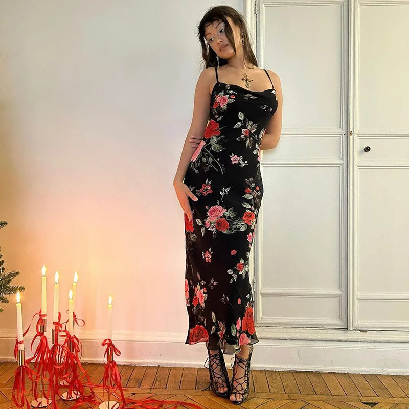 Women's Floral Print Bodycon Dress - Spaghetti Strap Backless Maxi