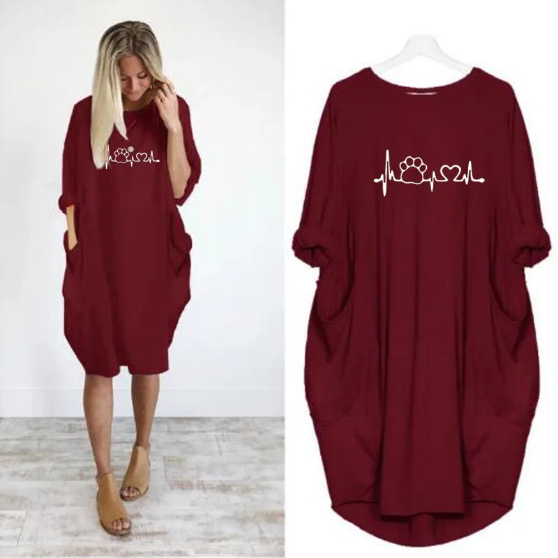 Plus Size Loose Pullover Dress Women Long Sleeve Round Neck Casual Pocket