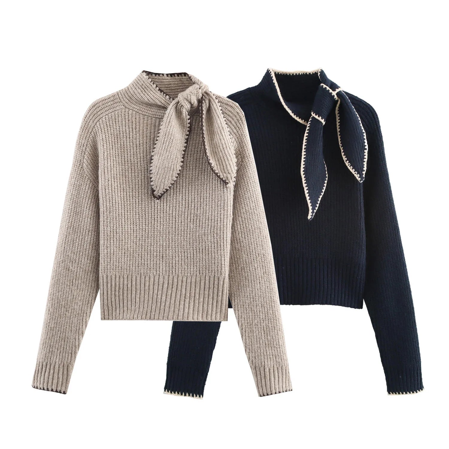 Bow Collar Knit Sweater Long Sleeve Regular Fit Pullover