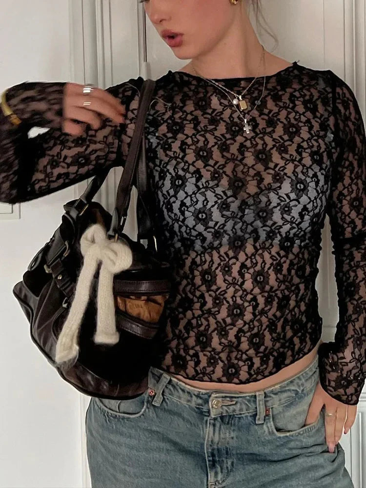 Long Sleeve See-Through Lace Crop Top Sexy Bodycon O-Neck Party Club Tee