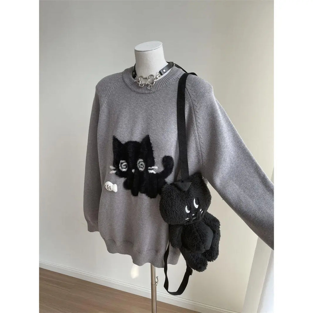 V-Neck Lace Knit Sweater Long Sleeve Loose Fit Pullover with Bow Detail