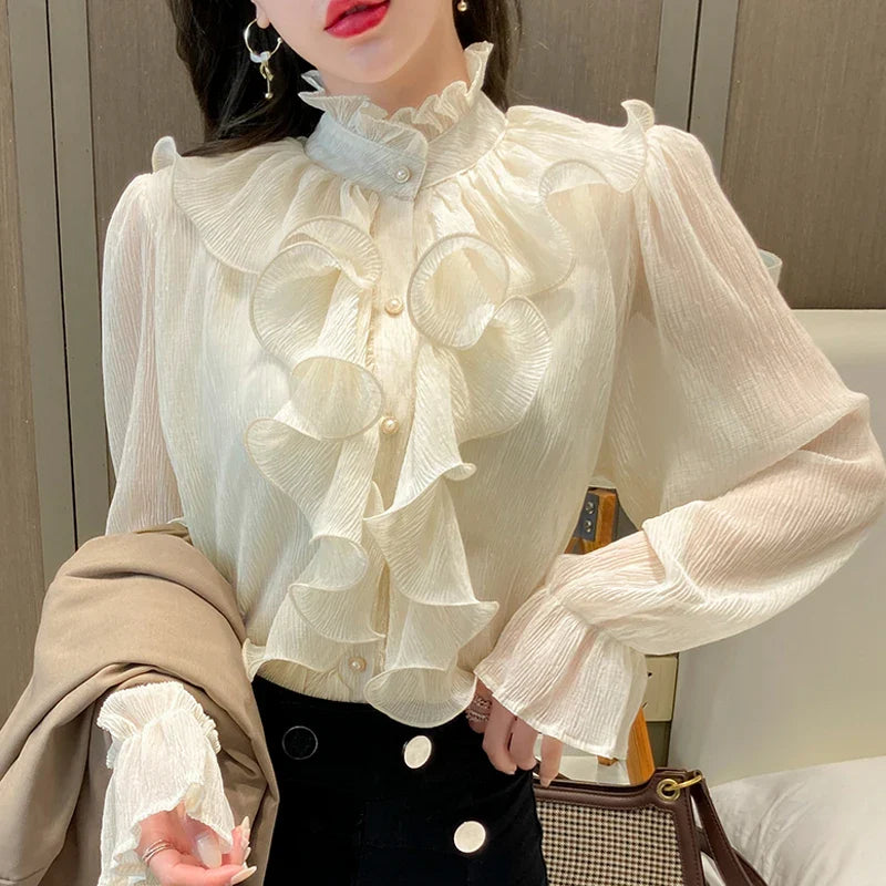 Vintage Lace Ruffle Chiffon Blouse | Women's Long Puff Sleeve Elegant Top