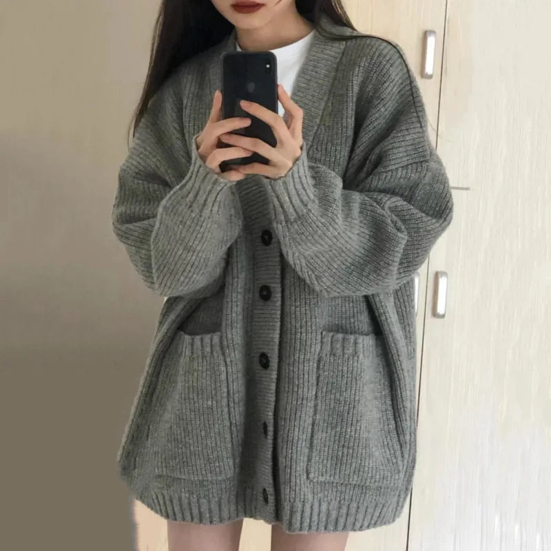 Women's Korean Style V-Neck Cardigan - Loose Fit Knit Sweater